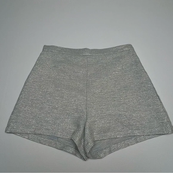 LAVENDER BROWN Silver Blue Tweed Shorts L High Waist Textured Lined Dressy Chic - Picture 14 of 14